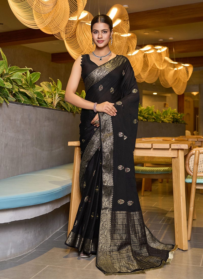 Black Chinon Jacquard Woven Saree Festive Wear