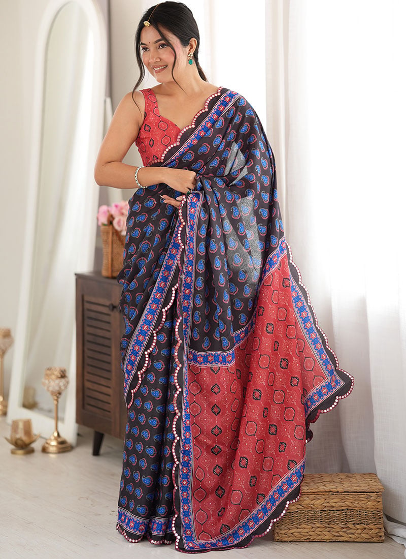Black Chinon Mirror Work Printed Saree After Six Wear