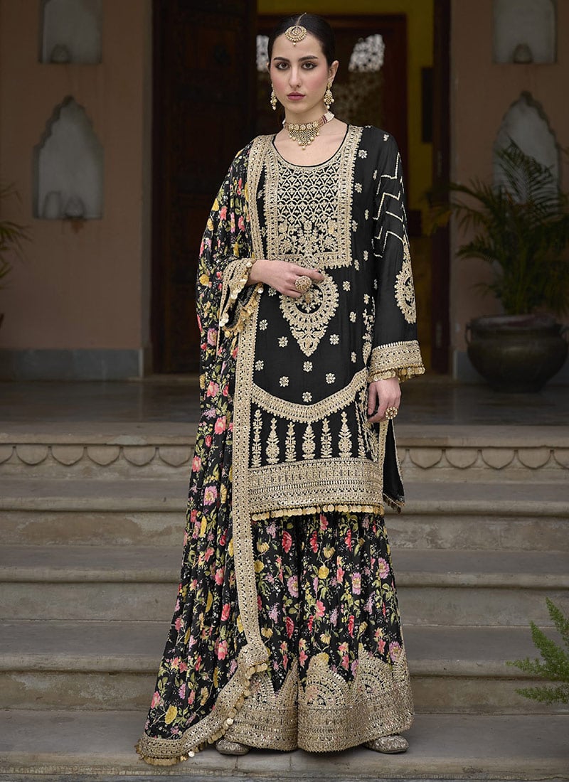 Black Chinon Printed Embroidered Sequins Pakistani Palazzo Suit With Dupatta