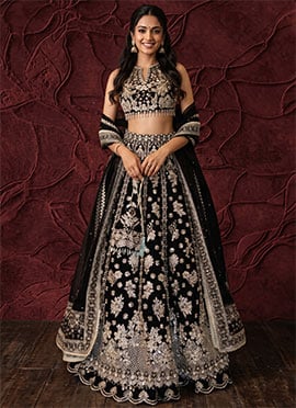 Black Chinon Silk Beads Embroidered Keyhole Neck Lehenga