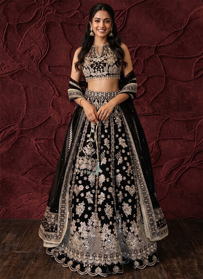 Black Chinon Silk Beads Embroidered Keyhole Neck Lehenga Wedding Wear
