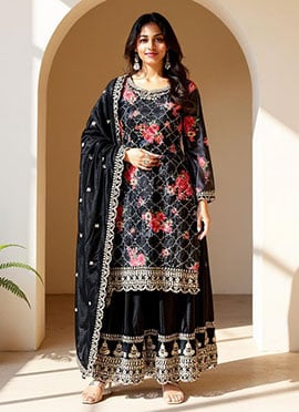 Black Chinon Silk Digital Print Embroidered Sequins Palazzo Suit