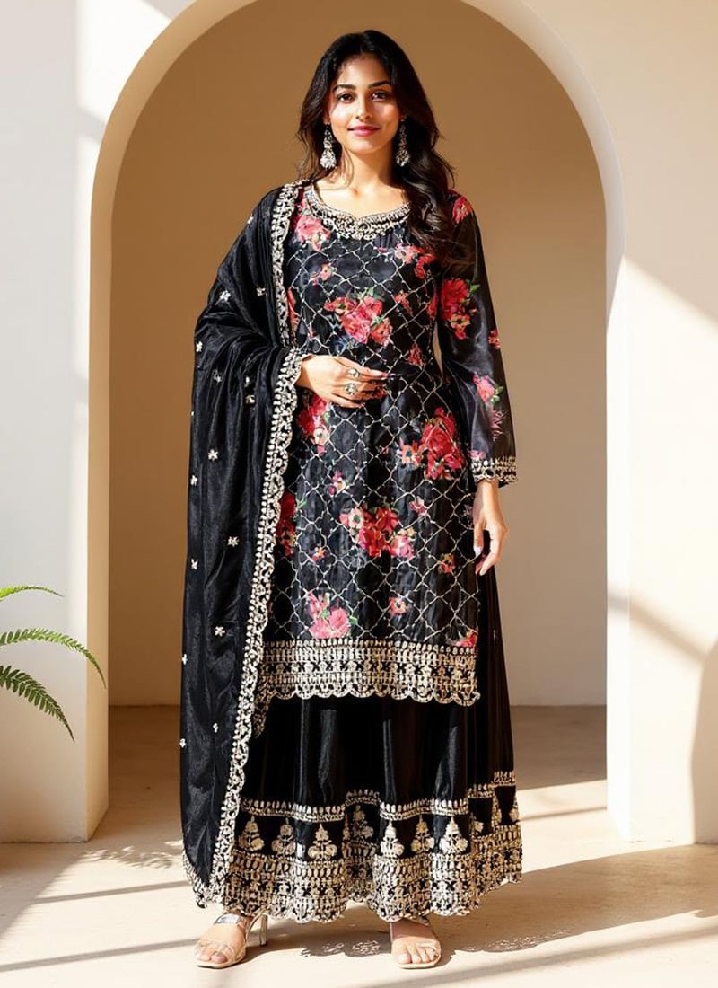 Black Chinon Silk Digital Print Embroidered Sequins Palazzo Suit