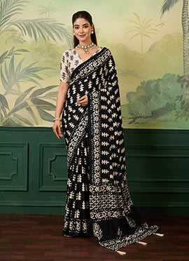 Black Chinon Silk Digital Print Mirror Work Saree