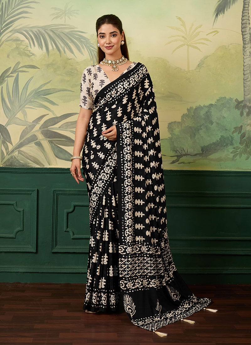 Black Chinon Silk Digital Print Mirror Work Saree After Six Wear