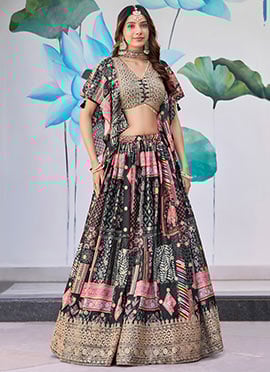 Black Chinon Silk Digital Print Zari Embroidered Lehenga Wedding Wear