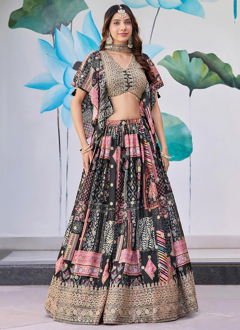 Black Chinon Silk Digital Print Zari Embroidered Lehenga