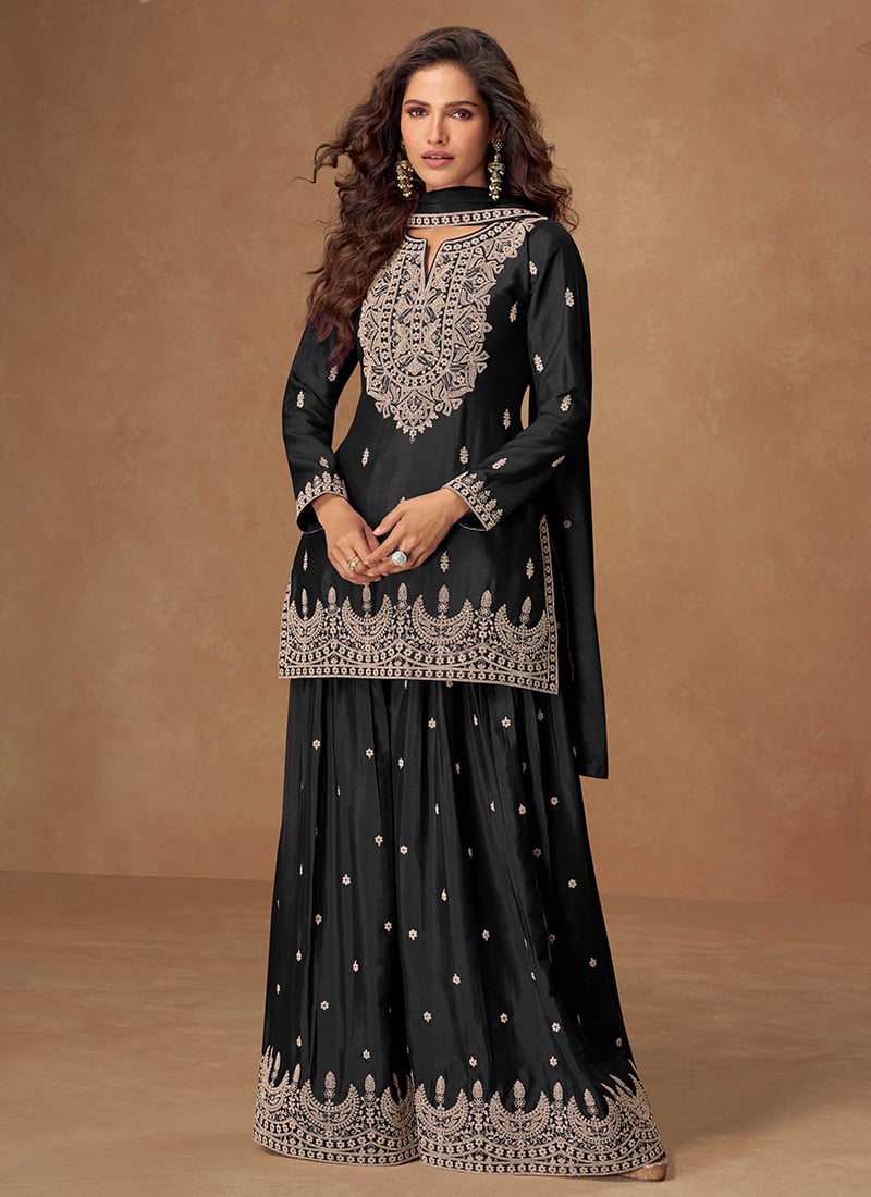 Black Chinon Silk Embroidered Palazzo Suit Festive Wear