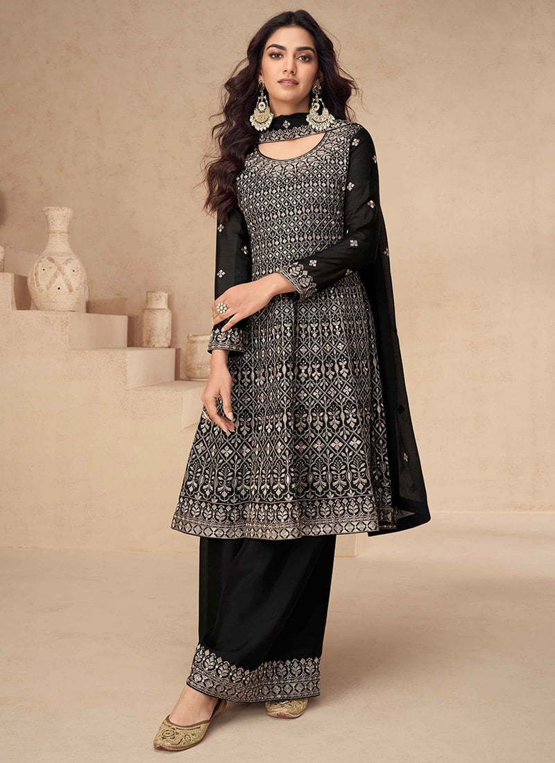Black Chinon Silk Embroidered Sequins A Line Palazzo Suit Festive Wear