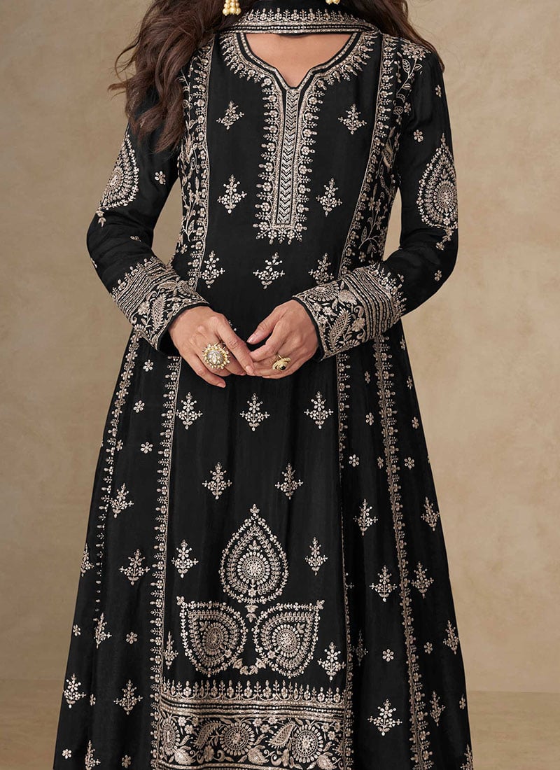 Black Palazzo Chinnon Silk Embroidered Festive Suit