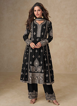 Black Chinon Silk Embroidered Sequins A Line Palazzo Suit