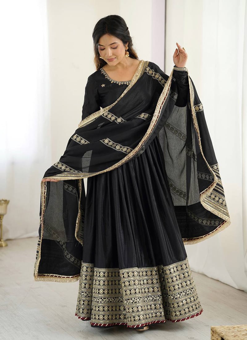 Black Chinon Silk Embroidered Sequins Anarkali Suit Festive Wear