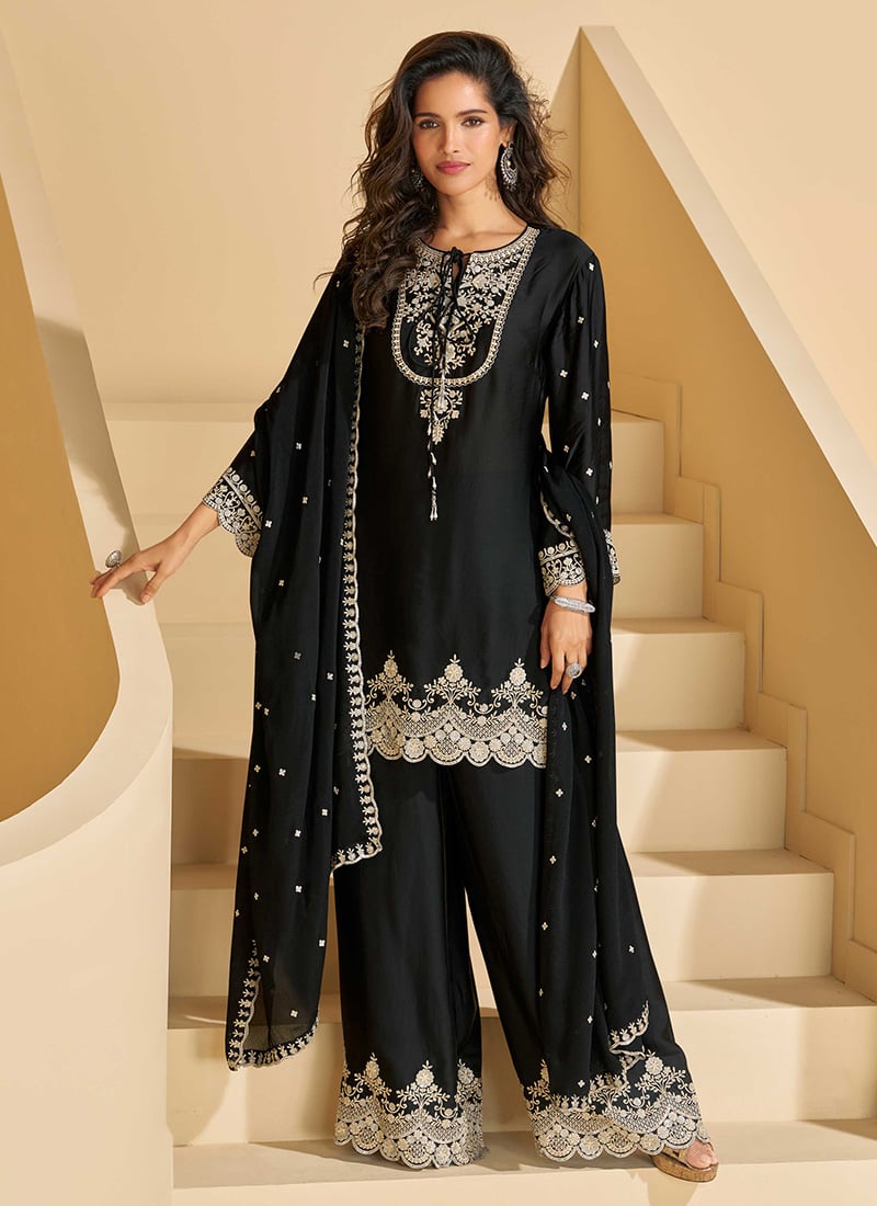 Black Chinon Silk Embroidered Sequins Palazzo Suit Festive Wear