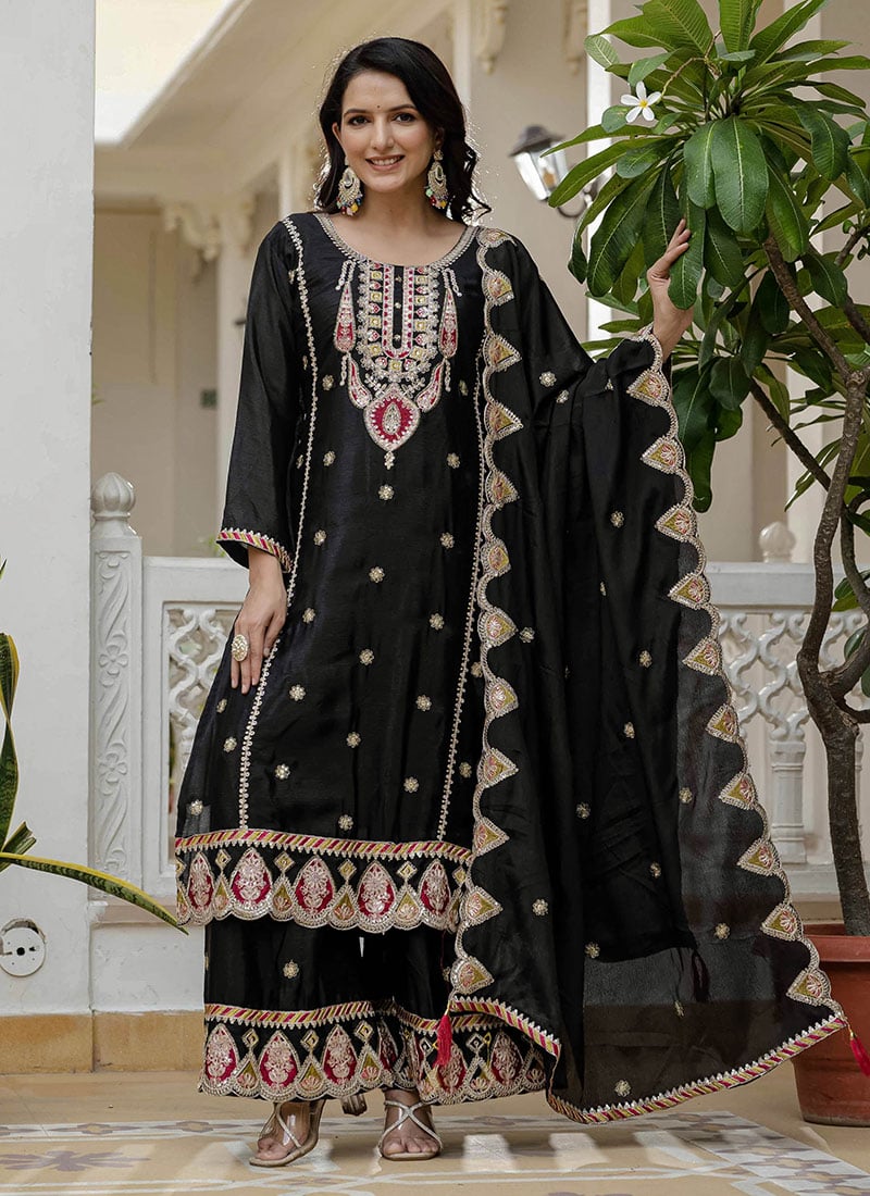 Black Chinon Silk Embroidered Sequins Palazzo Suit Festive Wear