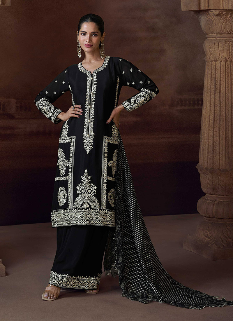 Black Chinon Silk Embroidered Sequins Palazzo Suit With Digital Print Dupatta