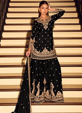 Black Chinon Silk Embroidered Sequins Sharara Suit