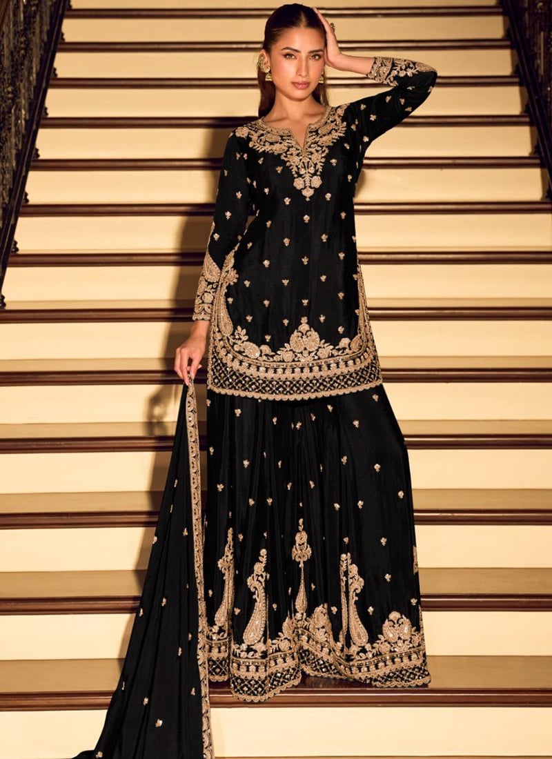 Black Chinon Silk Embroidered Sequins Sharara Suit Festive Wear