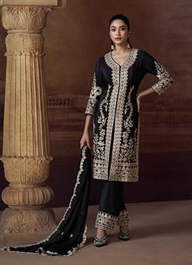 Black Chinon Silk Embroidered Sequins Straight Pant Suit