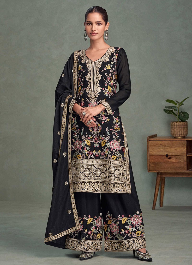Black Chinon Silk Embroidered Sequins With Mirror Work Pakistani Palazzo Suit