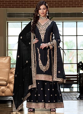 Black Chinon Silk Embroidered Sequins With Mirror Work Palazzo Suit