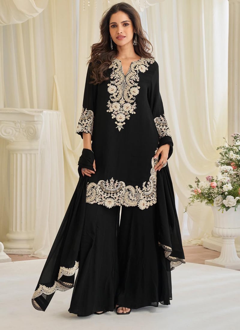 Black Chinon Silk Embroidered Sequins With Stone And Beads Work Palazzo Suit Festive Wear