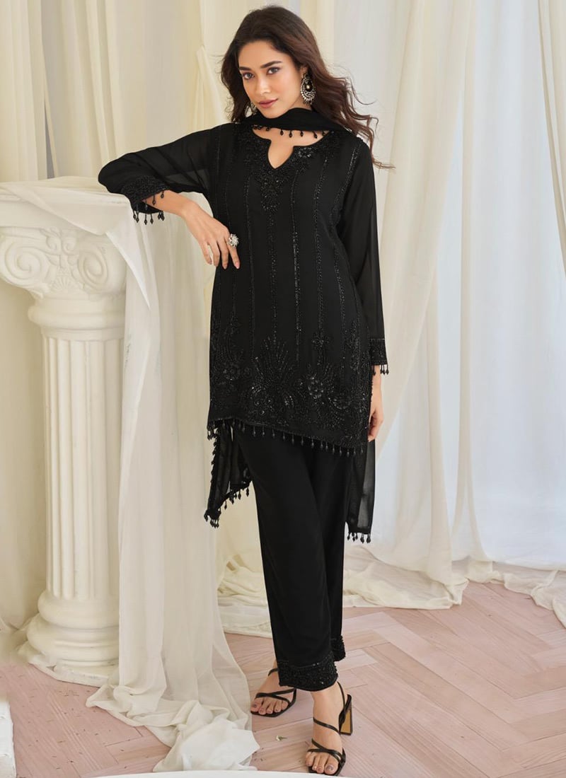 Black Chinon Silk Embroidered Sequins With Stone And Beads Work Straight Pant Suit Festive Wear