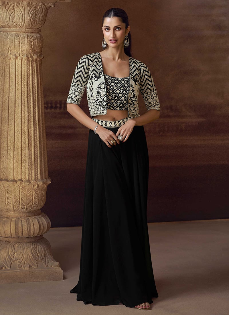 Black Chinon Silk Embroidered Sequins With Stone Work Indowestern Jacket Palazzo Set Wedding Wear