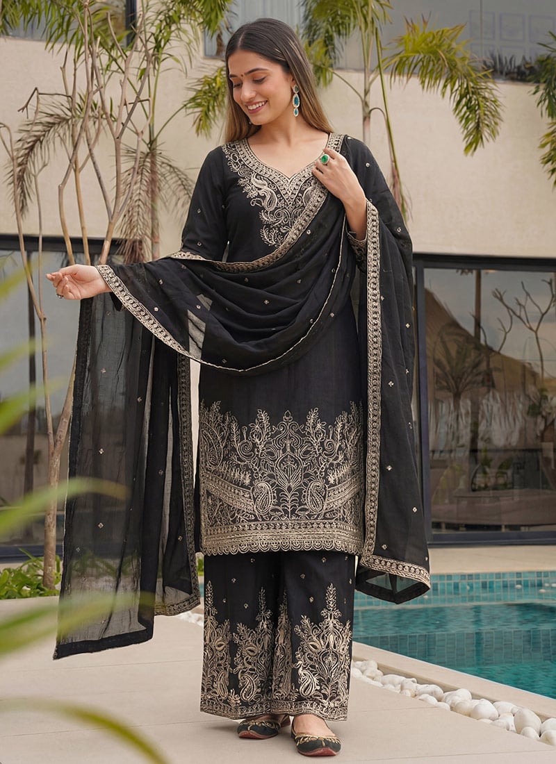 Black Chinon Silk Embroidered Sequins Zari Palazzo Suit Festive Wear