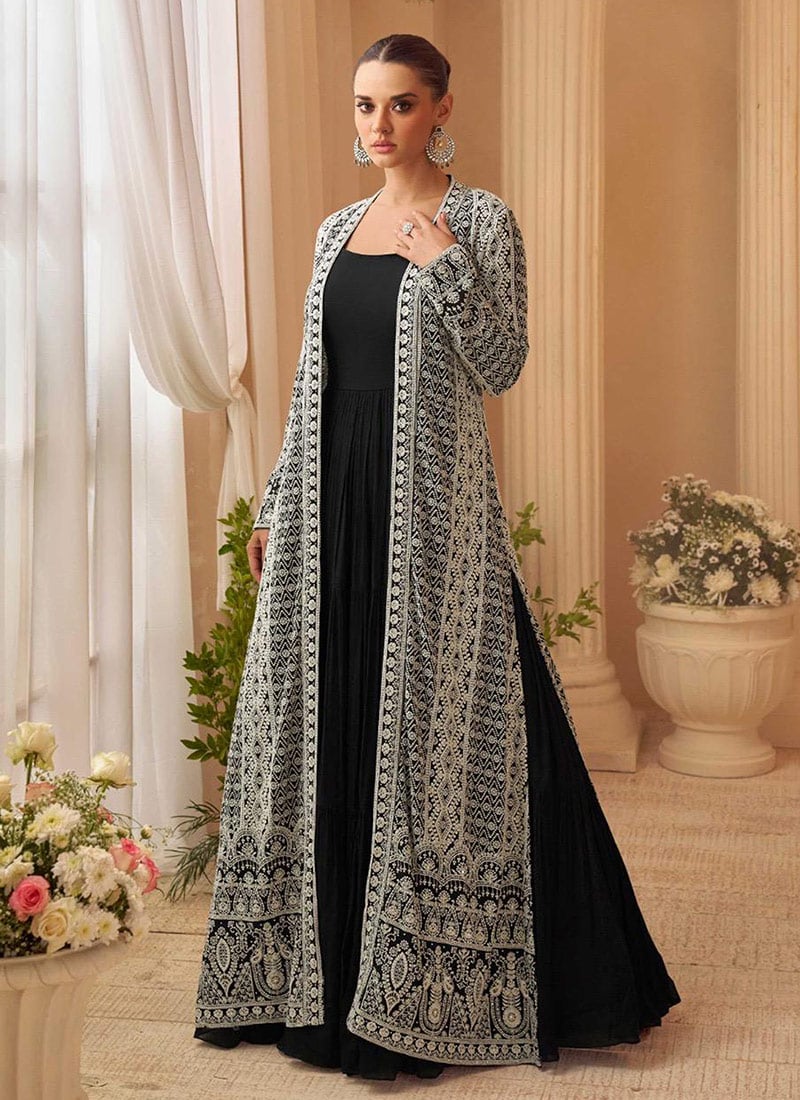 Black Chinon Silk Embroidered Zari Sequins Anarkali Gown With Jacket