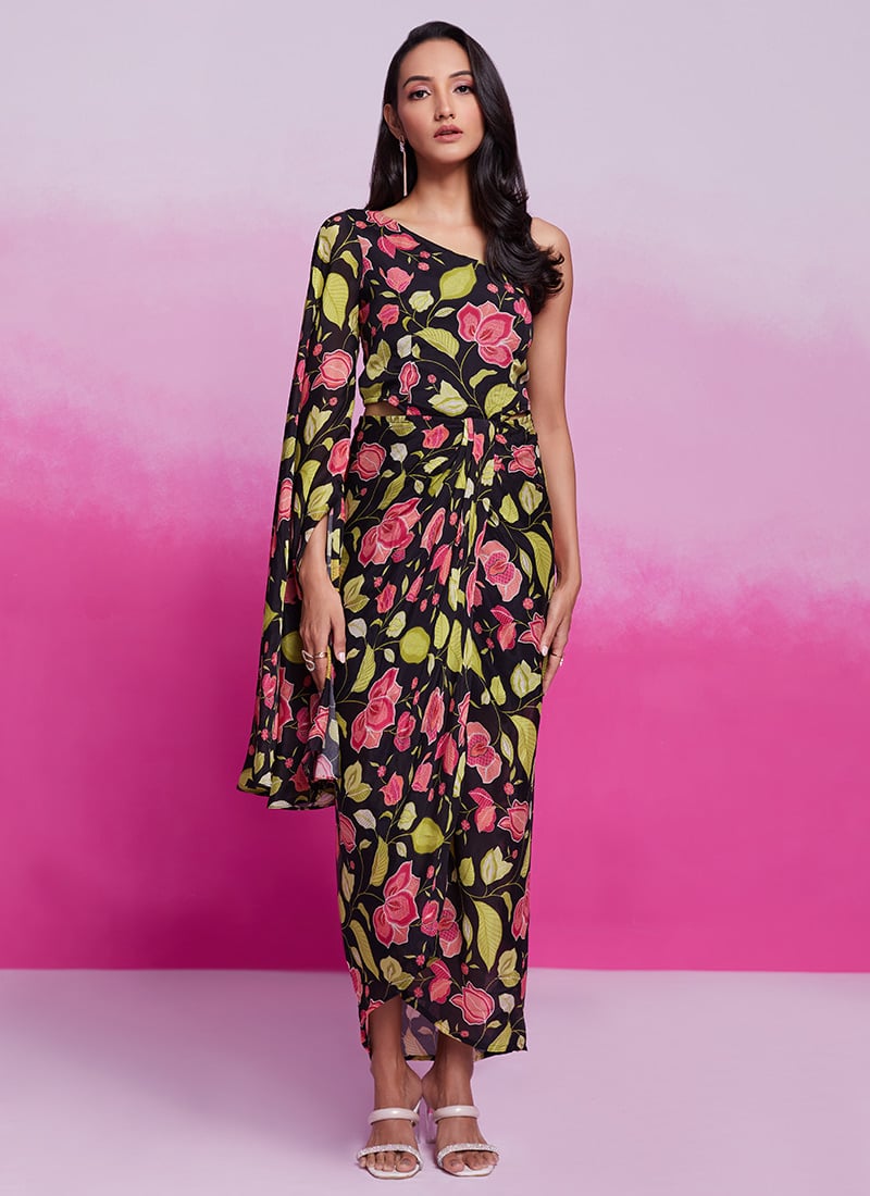 Black Chinon Silk Floral Digital Print Dress After Six Wear