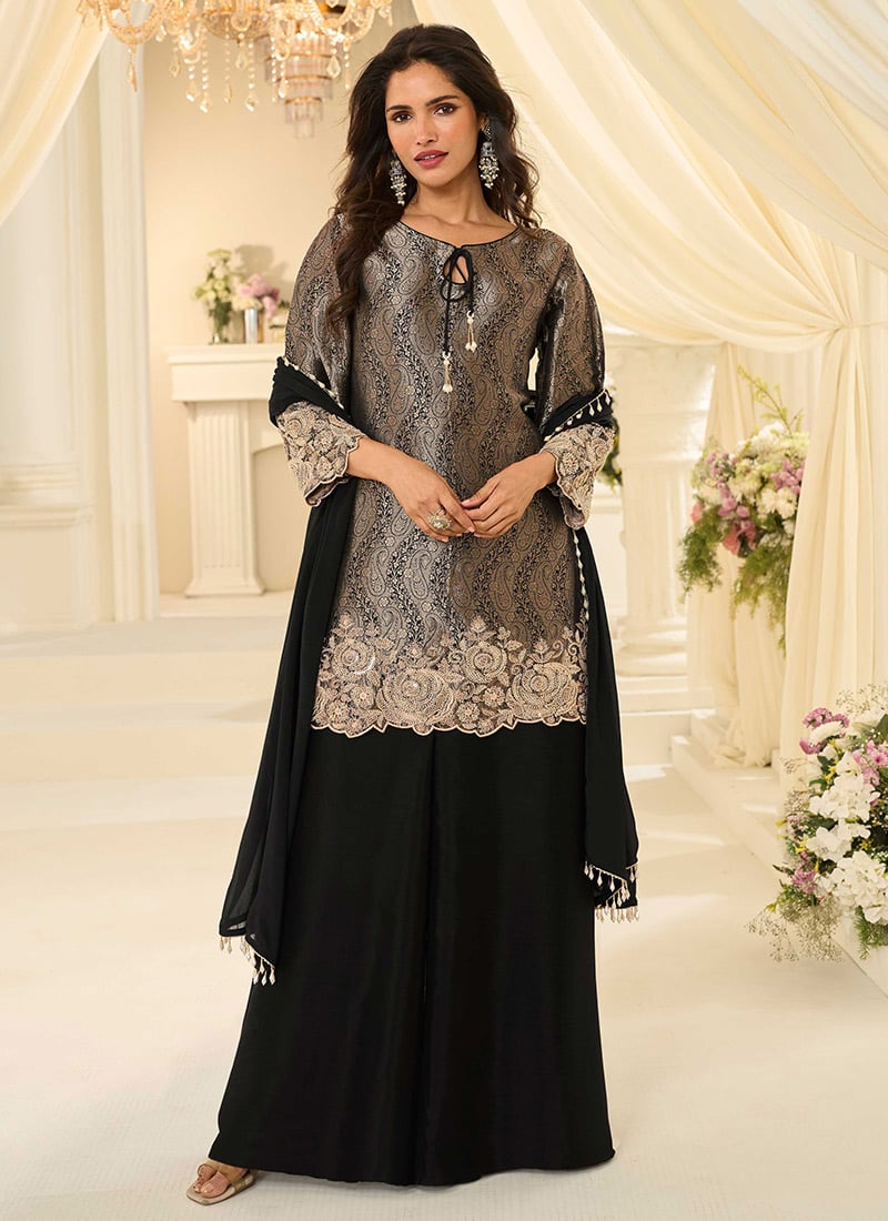 Black Chinon Silk Jacquard Embroidered Sequins With Stone Work Palazzo Suit Festive Wear