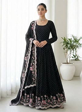 Black Chinon Silk Sequins Embroidered Anarkali Suit