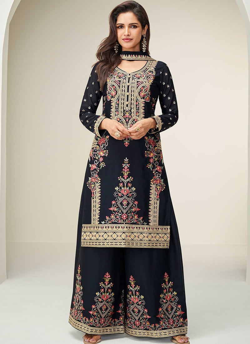 Black Chinon Silk Sequins Embroidered Pakistani Palazzo Suit Festive Wear