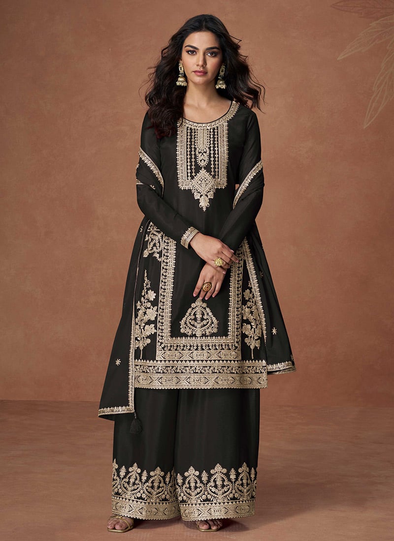 Black Chinon Silk Sequins Embroidered Palazzo Suit