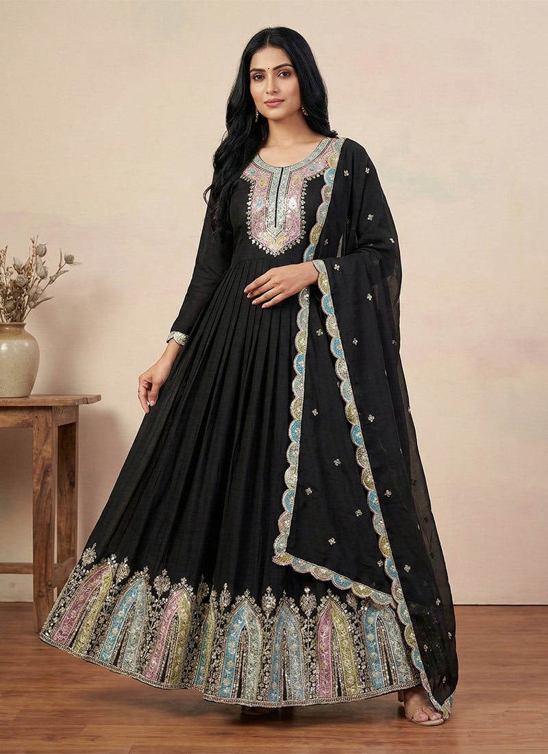 Black Chinon Silk Sequins Embroidered Thread Anarkali Suit Festive Wear