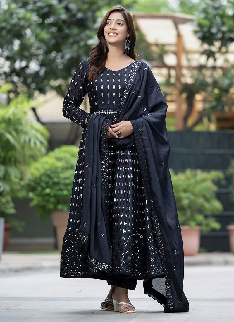 Black Chinon Silk Sequins Work Anarkali Suit