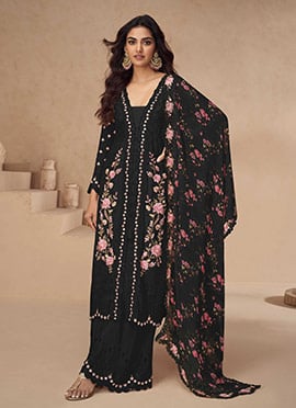 Black Chinon Silk Thread Embroidered Sequins With Mirror Work Palazzo Suit