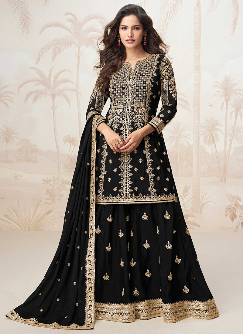 Black Chinon Silk Zari Embroidered Palazzo Suit