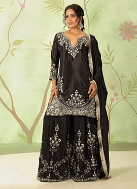 Black Chinon Silk Zari Embroidered Sequins Palazzo Suit Festive Wear
