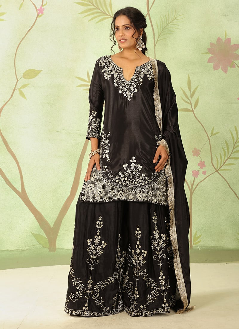 Black Chinon Silk Zari Embroidered Sequins Palazzo Suit Festive Wear