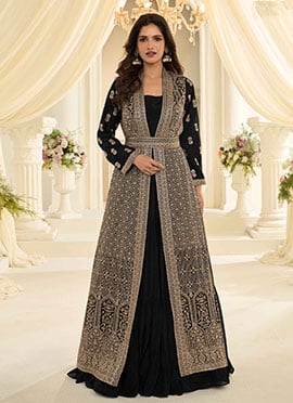 Black Chinon Silk Zari Embroidered Stones Sequins Dresses And Gown