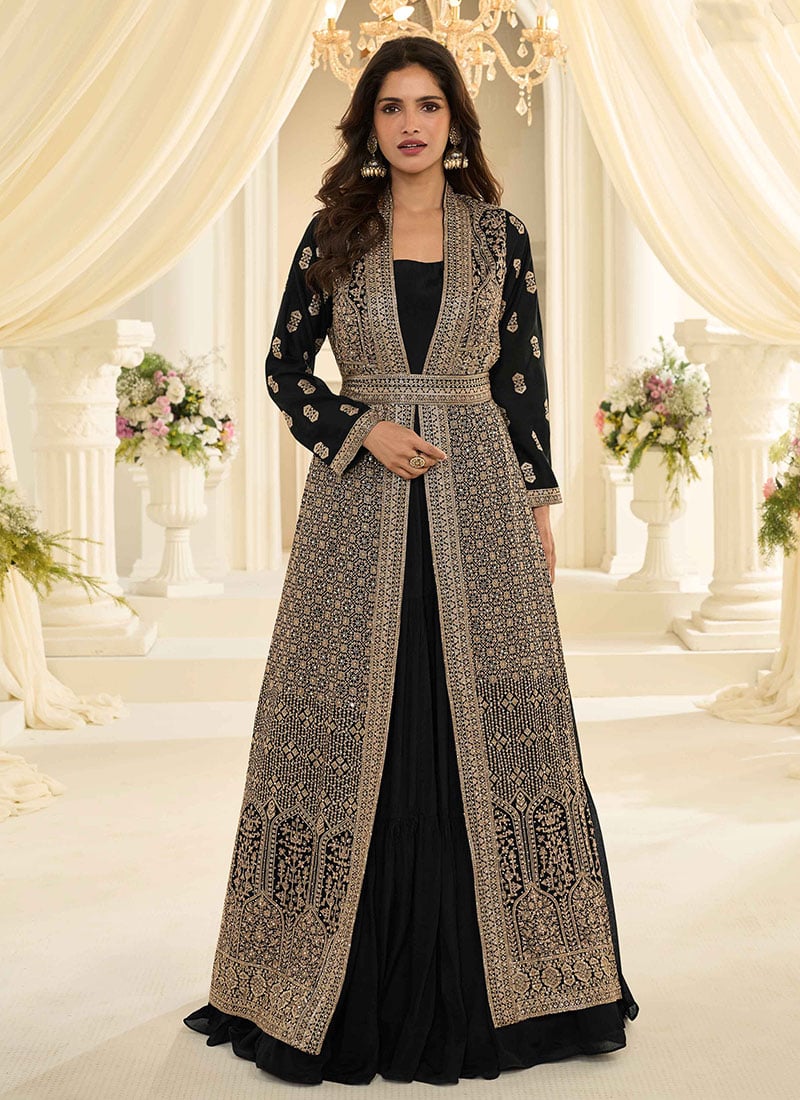 Black Chinon Silk Zari Embroidered Stones Sequins Dresses And Gown Wedding Wear