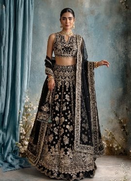 Black Chinon Silk Zari Sequins Embroidered Lehenga
