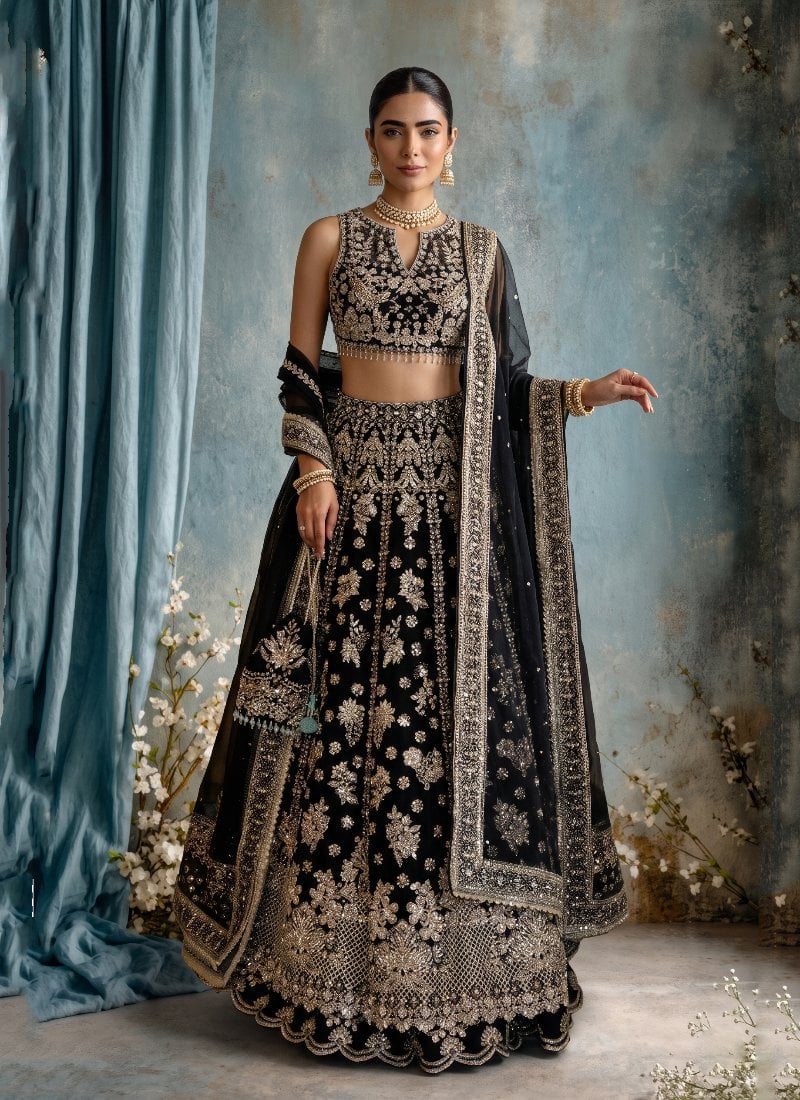 Black Chinon Silk Zari Sequins Embroidered Lehenga After Six Wear