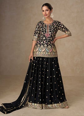 Black Chinon Silk Zari Thread Embroidered Sequins Palazzo Suit
