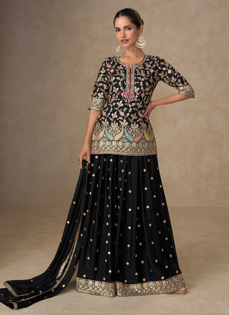 Black Chinon Silk Zari Thread Embroidered Sequins Palazzo Suit Festive Wear