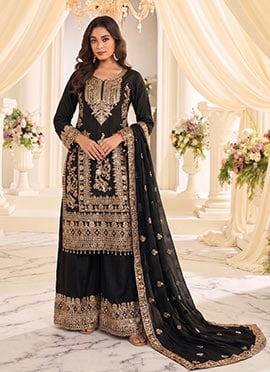 Black Chinon Zari Embroidered Sequins Palazzo Suit