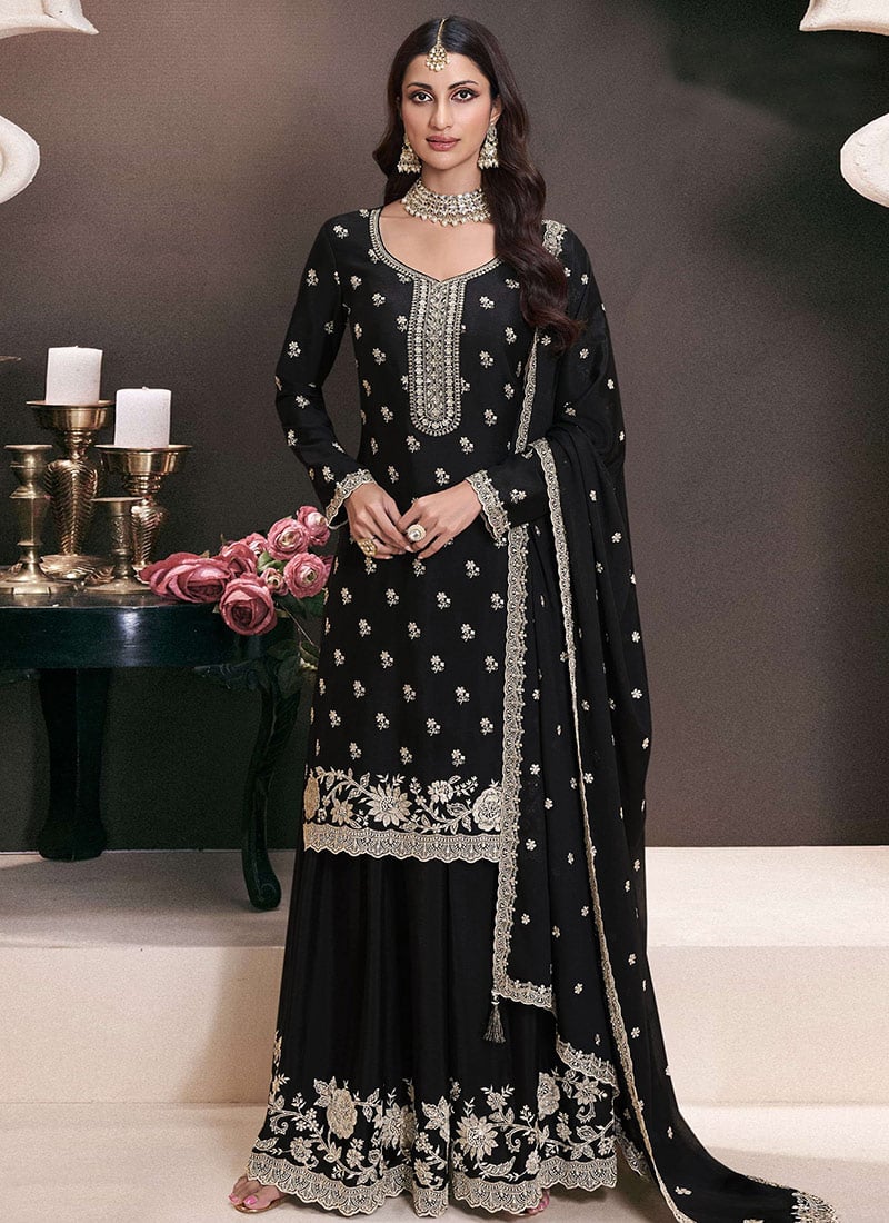 Black Chinon Zari Embroidered Sequins Palazzo Suit Festive Wear