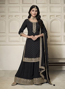 Black Chinon Zari Embroidered Sequins Palazzo Suit