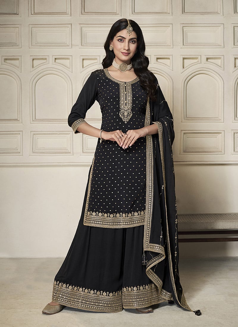 Black Chinon Zari Embroidered Sequins Palazzo Suit Festive Wear
